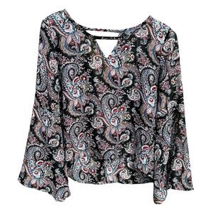 Paisley Print Split Neck Blouse Black by Chic Happens